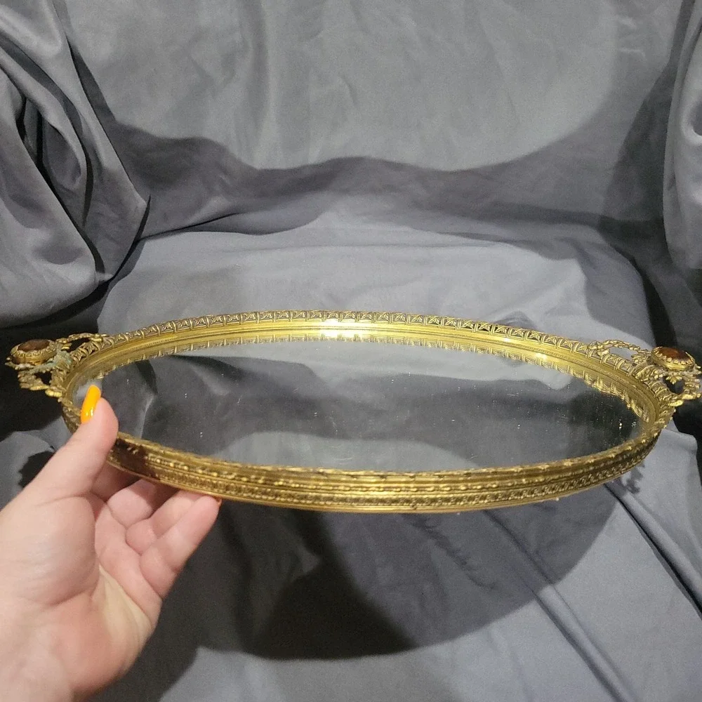 Vtg Matson MCM Gold Metal Vanity Tray Mirror Floral Roses Filigree Lace Amber